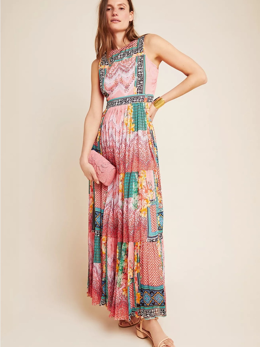 Bhanuni by Jyoti Anthropologie Alessandra Maxi Dress Boho Beaded Pink Floral 2P